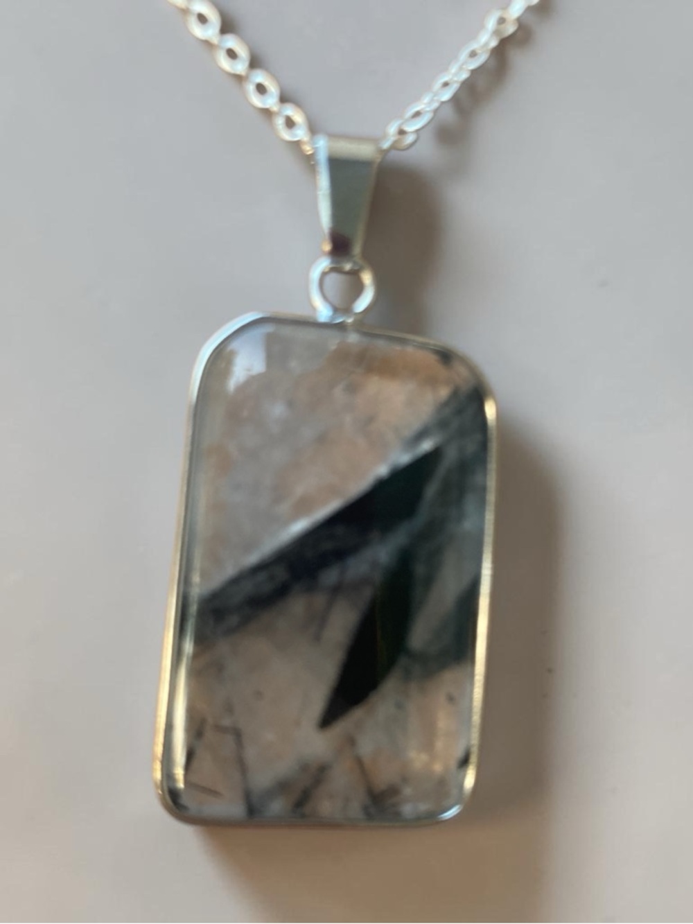 Silver-Frame Black and Gray Stone Pendant Necklace
